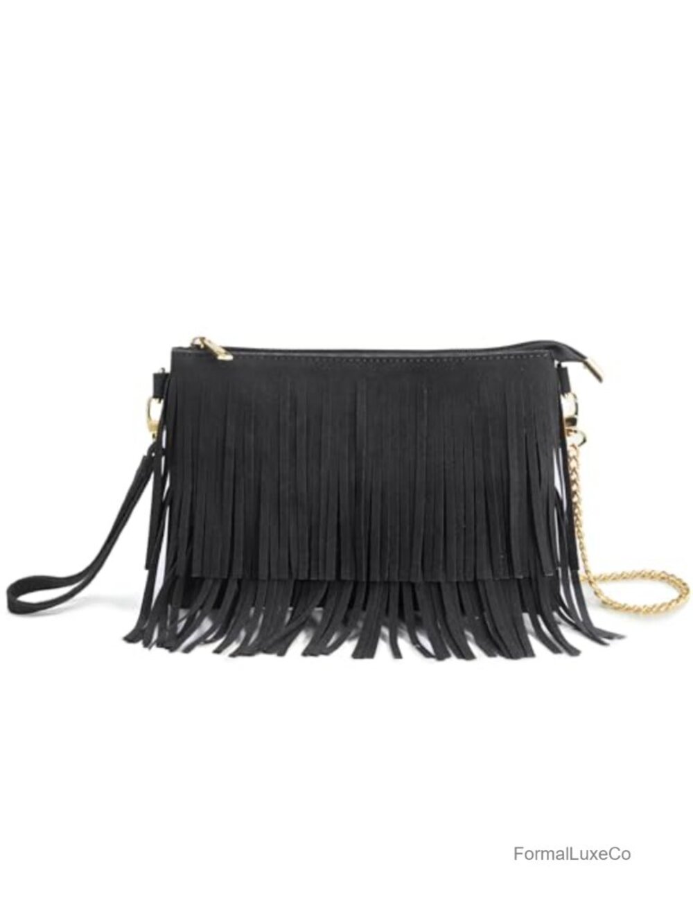 Faux Suede Leather Fringe Crossbody Bag with Wristlet Chain Strap